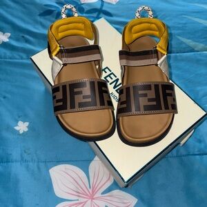 Fendi Brown and Yellow Sandals with Logo Straps